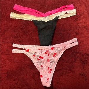 Victoria's Secret Lace Thong Set - Black, Pink, Cherries 🍒